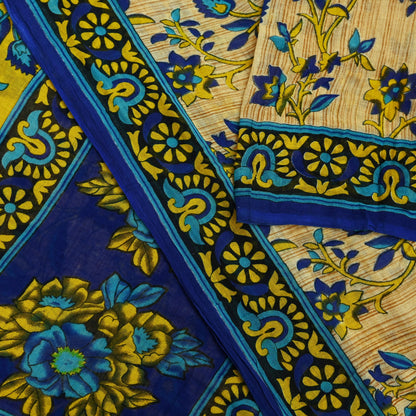 Indian Vintage Sari Blue & Beige Printed 100% Pure Cotton Sarees Craft Fabric 5Yd Sewing Soft Sarong Wrap Floral Dress Making Shrug Quilting