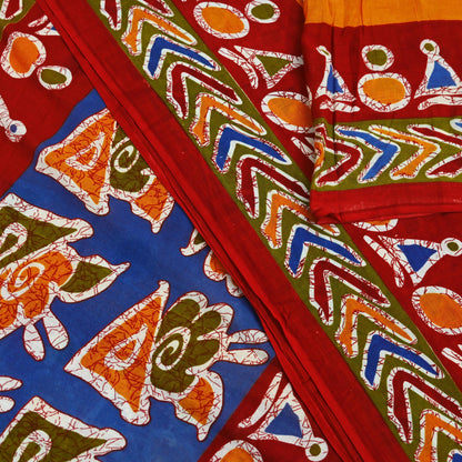 Indian Vintage Sari Red & Saffron Batik Printed 100% Pure Cotton Saree Craft Soft Fabric 5Yard Sewing Sarong Wrap Boho Dress making Quilting