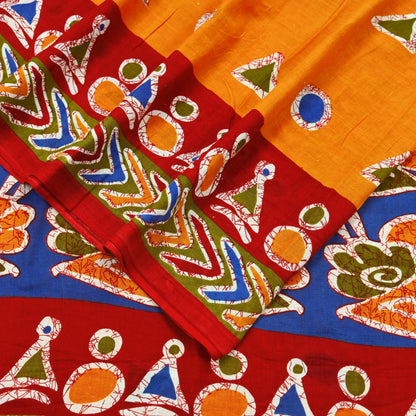 Indian Vintage Sari Red & Saffron Batik Printed 100% Pure Cotton Saree Craft Soft Fabric 5Yard Sewing Sarong Wrap Boho Dress making Quilting