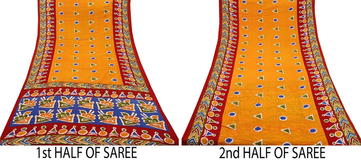 Indian Vintage Sari Red & Saffron Batik Printed 100% Pure Cotton Saree Craft Soft Fabric 5Yard Sewing Sarong Wrap Boho Dress making Quilting