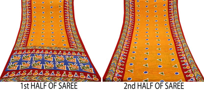 Indian Vintage Sari Red & Saffron Batik Printed 100% Pure Cotton Saree Craft Soft Fabric 5Yard Sewing Sarong Wrap Boho Dress making Quilting