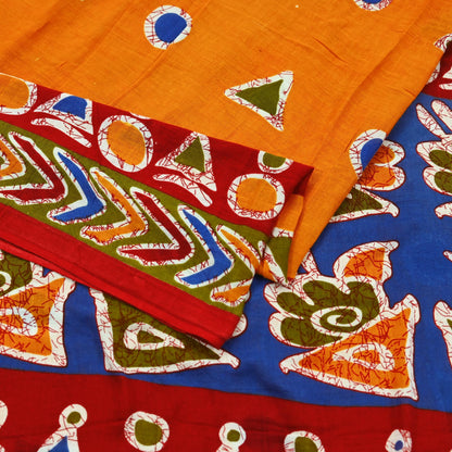 Indian Vintage Sari Red & Saffron Batik Printed 100% Pure Cotton Saree Craft Soft Fabric 5Yard Sewing Sarong Wrap Boho Dress making Quilting