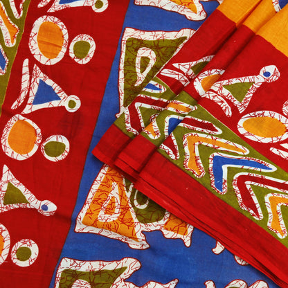 Indian Vintage Sari Red & Saffron Batik Printed 100% Pure Cotton Saree Craft Soft Fabric 5Yard Sewing Sarong Wrap Boho Dress making Quilting