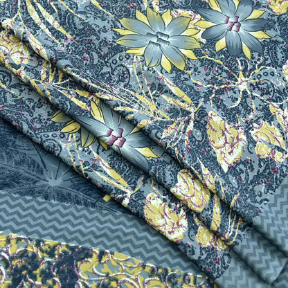 Indian Vintage Gray Sarees Moss Crepe Printed Sari 5yd Sewing Floral Soft Craft Fabric DressMaking For Crafting Quilting Upcycle
