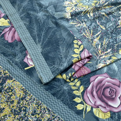 Indian Vintage Gray Sarees Moss Crepe Printed Sari 5yd Sewing Floral Soft Craft Fabric DressMaking For Crafting Quilting Upcycle