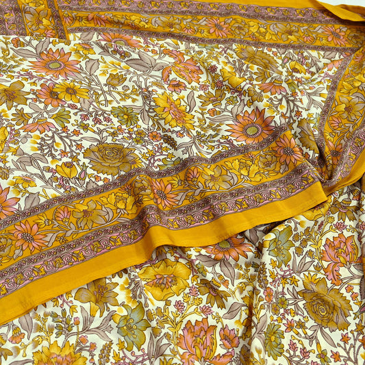 Indian Vintage Mustard & Ivory Sarees Moss Crepe Printed Sari 5yd Sewing Floral Soft Craft Fabric DressMaking For Crafting Quilting Upcycle