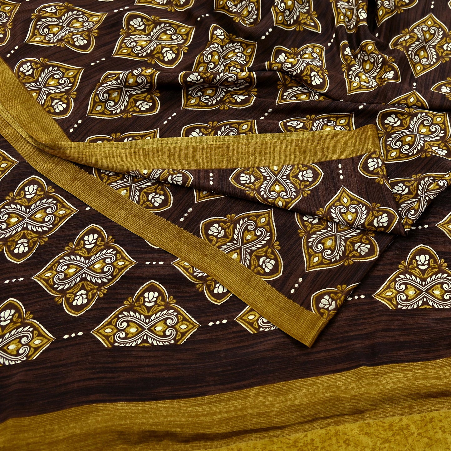 Indian Vintage Saree Brown Moss Crepe Printed Sari Fabric 6yd Sewing Floral Soft Craft Fabric Dressmaking Quilting For Crafting