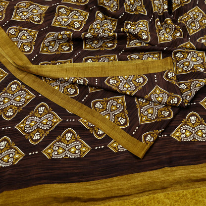 Indian Vintage Saree Brown Moss Crepe Printed Sari Fabric 6yd Sewing Floral Soft Craft Fabric Dressmaking Quilting For Crafting
