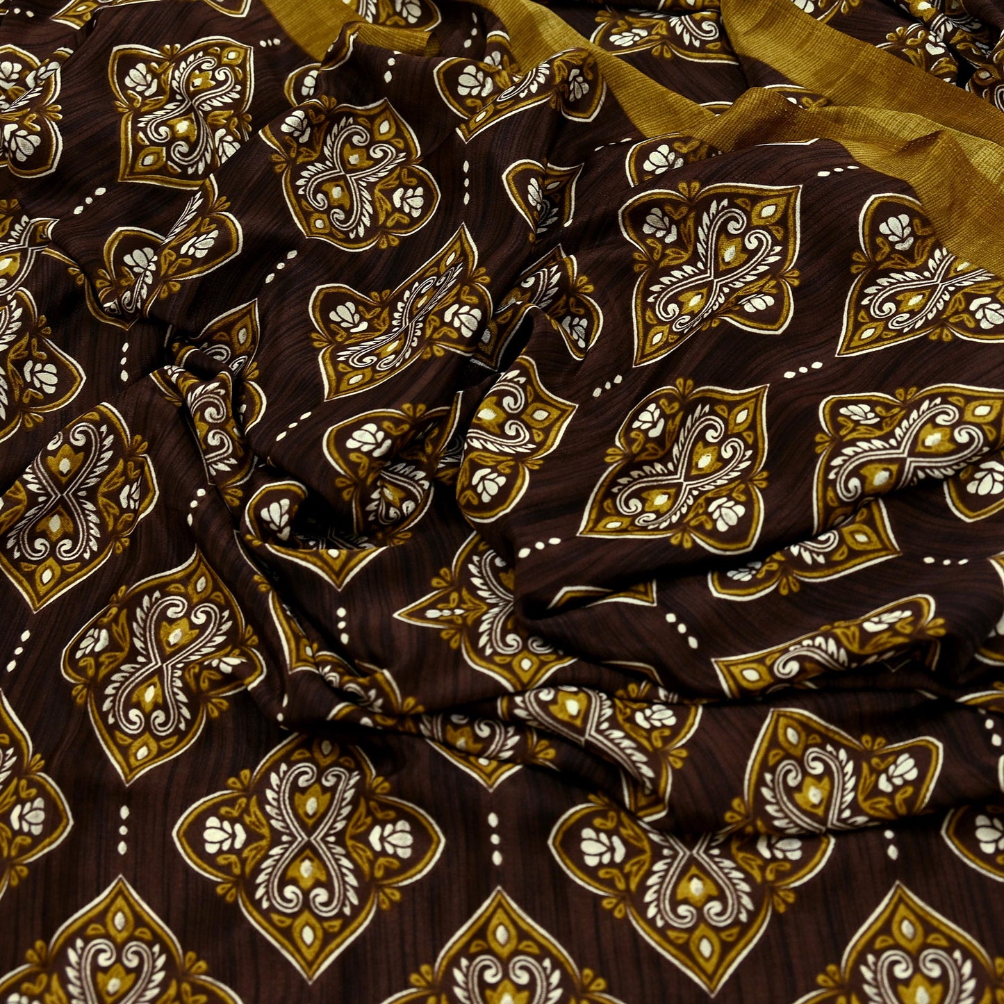 Indian Vintage Saree Brown Moss Crepe Printed Sari Fabric 6yd Sewing Floral Soft Craft Fabric Dressmaking Quilting For Crafting