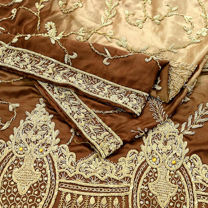 Indian Vintage Heavy Wedding Golden & Brown Dupatta Pure Satin Silk Long Stole Hand Embroidered Scarves Golden Zardozi Veil