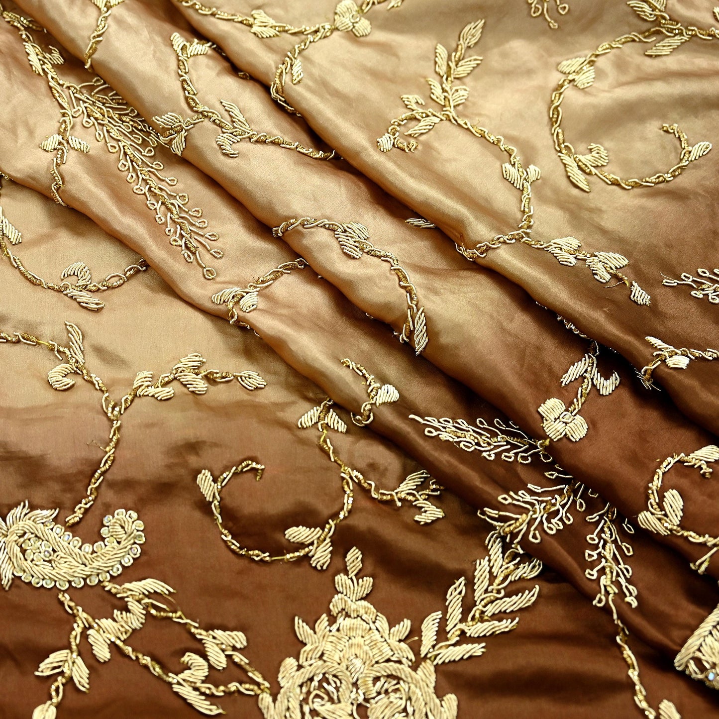 Indian Vintage Heavy Wedding Golden & Brown Dupatta Pure Satin Silk Long Stole Hand Embroidered Scarves Golden Zardozi Veil
