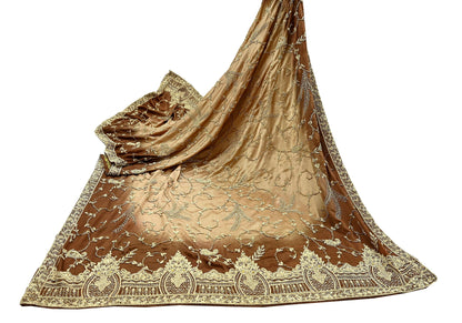 Indian Vintage Heavy Wedding Golden & Brown Dupatta Pure Satin Silk Long Stole Hand Embroidered Scarves Golden Zardozi Veil