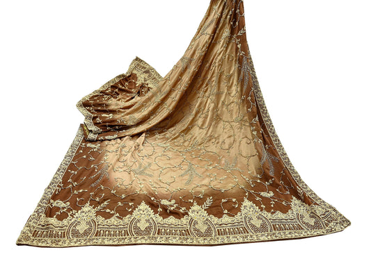 Indian Vintage Heavy Wedding Golden & Brown Dupatta Pure Satin Silk Long Stole Hand Embroidered Scarves Golden Zardozi Veil