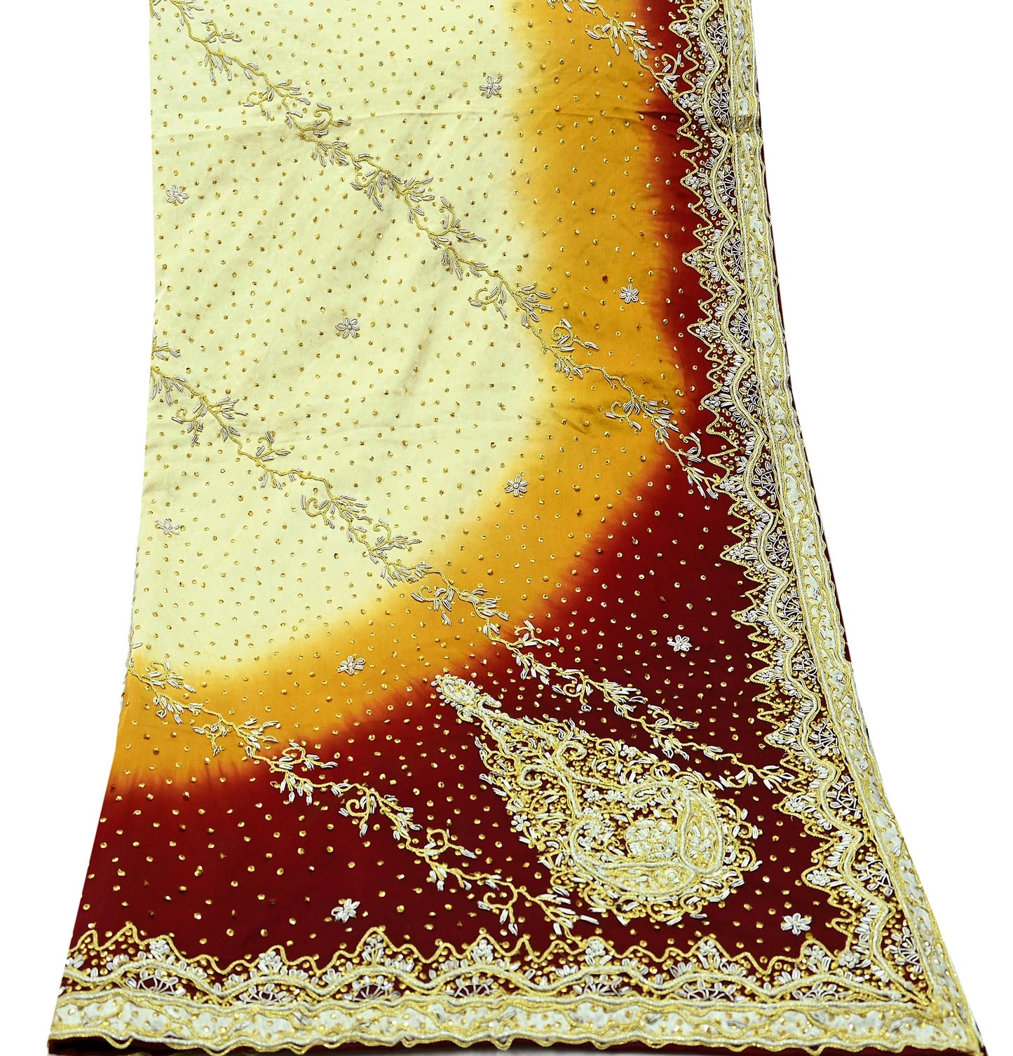 Indian Vintage Heavy Wedding Dupatta Pure Satin Silk Long Stole Hand Embroidered Scarves Golden Zardozi Veil