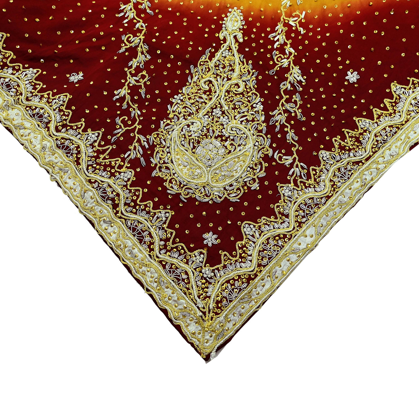 Indian Vintage Heavy Wedding Dupatta Pure Satin Silk Long Stole Hand Embroidered Scarves Golden Zardozi Veil