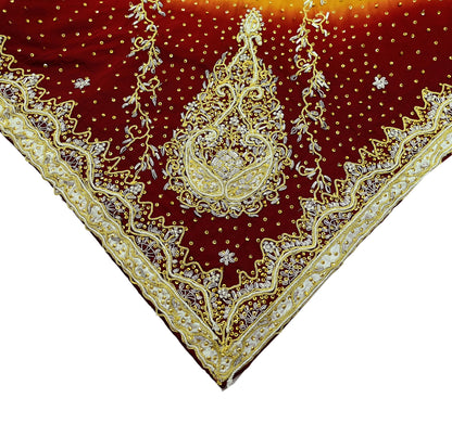 Indian Vintage Heavy Wedding Dupatta Pure Satin Silk Long Stole Hand Embroidered Scarves Golden Zardozi Veil