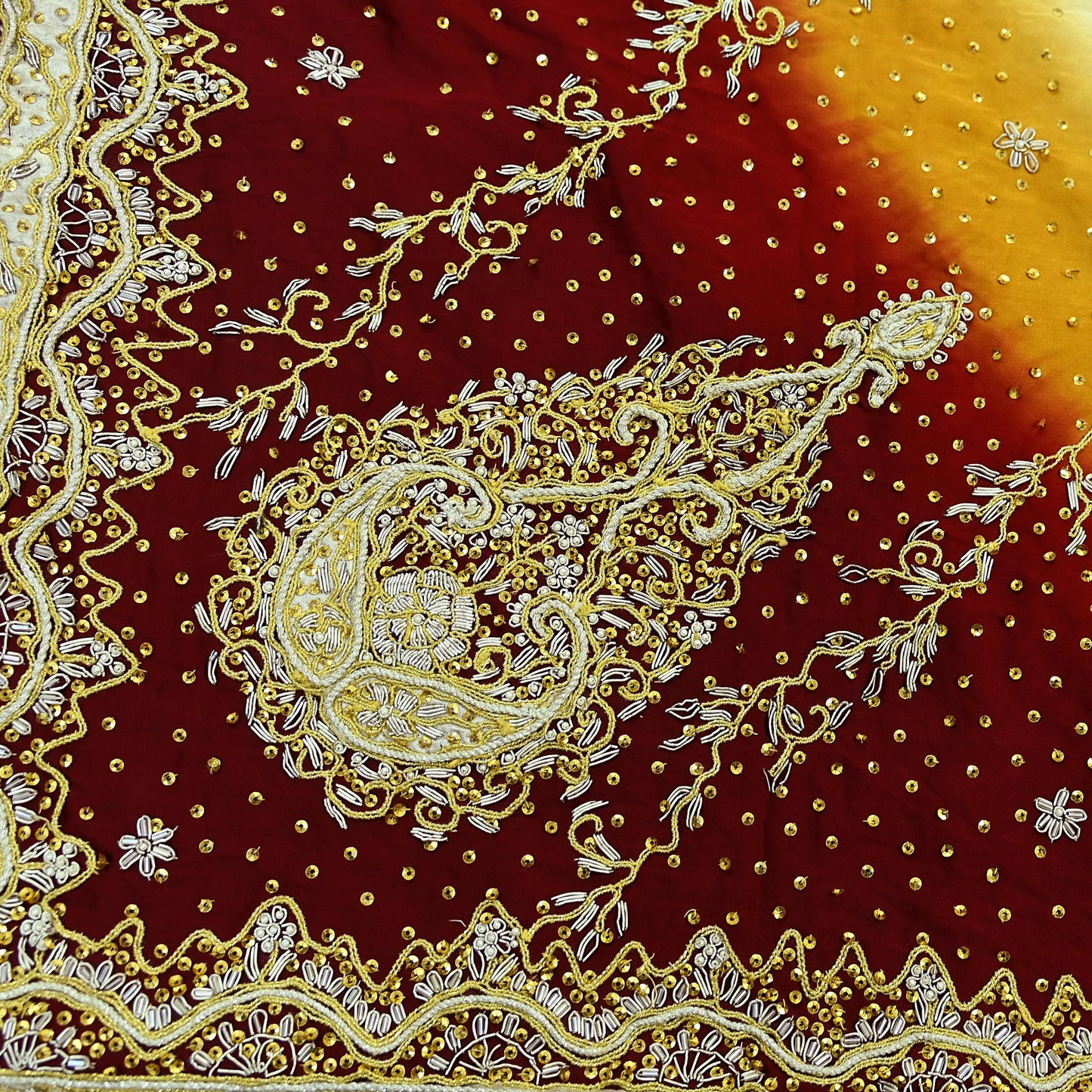 Indian Vintage Heavy Wedding Dupatta Pure Satin Silk Long Stole Hand Embroidered Scarves Golden Zardozi Veil