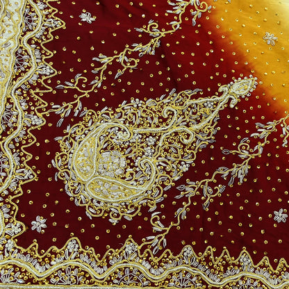 Indian Vintage Heavy Wedding Dupatta Pure Satin Silk Long Stole Hand Embroidered Scarves Golden Zardozi Veil