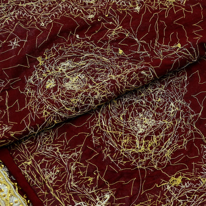 Indian Vintage Heavy Wedding Dupatta Pure Satin Silk Long Stole Hand Embroidered Scarves Golden Zardozi Veil