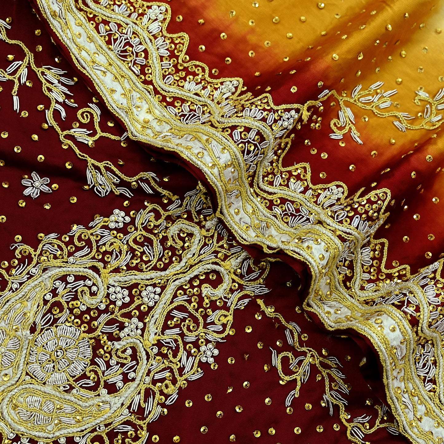 Indian Vintage Heavy Wedding Dupatta Pure Satin Silk Long Stole Hand Embroidered Scarves Golden Zardozi Veil