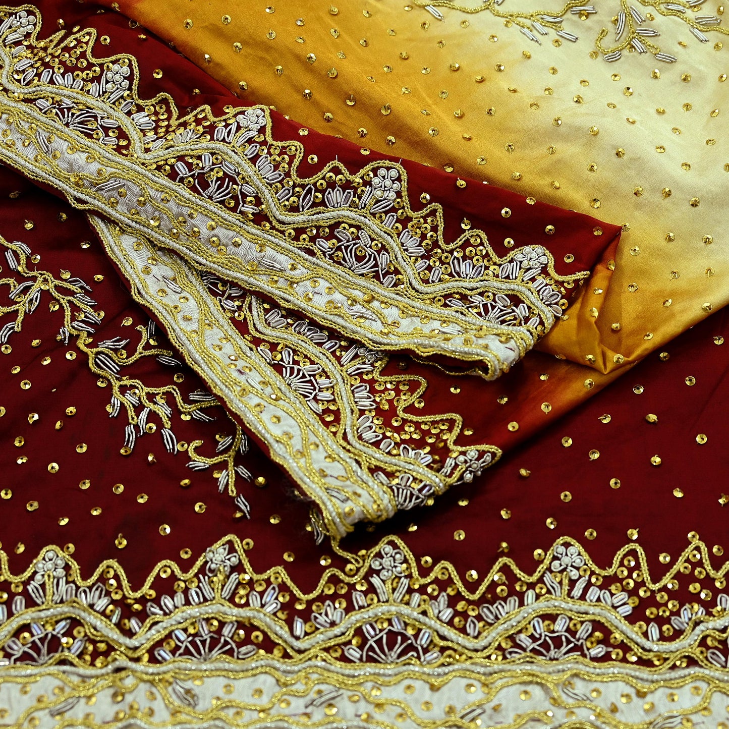 Indian Vintage Heavy Wedding Dupatta Pure Satin Silk Long Stole Hand Embroidered Scarves Golden Zardozi Veil