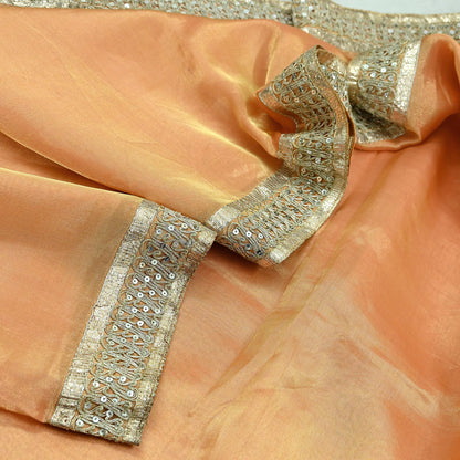 Indian Vintage Golden Peach Heavy Saree Hand Embroidered Designer Tissue Silk Sari Fabric 6Yd Ethnic Floral Zari Brocade border