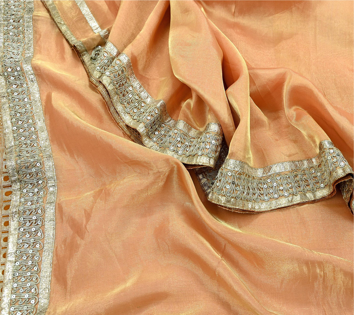 Indian Vintage Golden Peach Heavy Saree Hand Embroidered Designer Tissue Silk Sari Fabric 6Yd Ethnic Floral Zari Brocade border