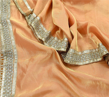 Indian Vintage Golden Peach Heavy Saree Hand Embroidered Designer Tissue Silk Sari Fabric 6Yd Ethnic Floral Zari Brocade border