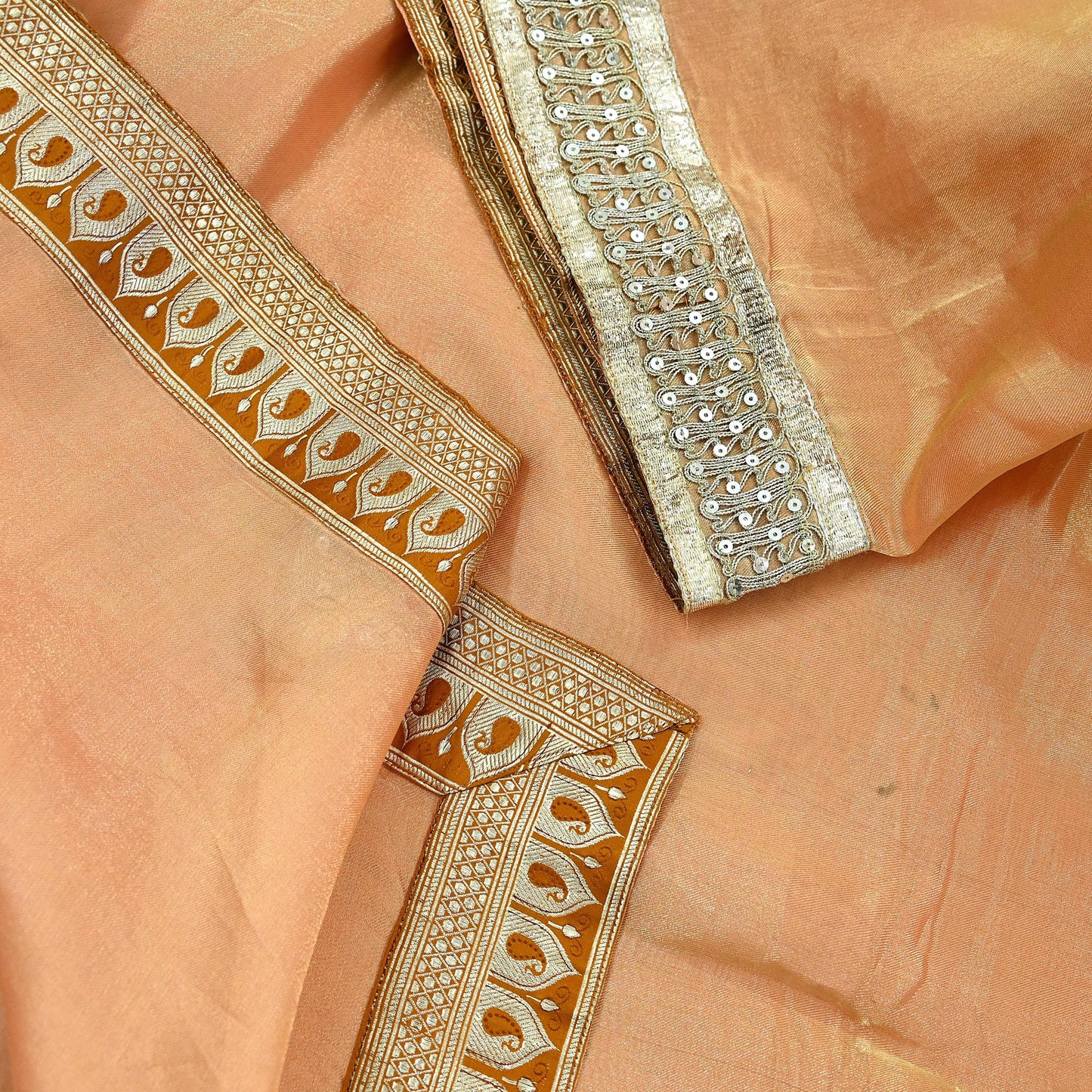 Indian Vintage Golden Peach Heavy Saree Hand Embroidered Designer Tissue Silk Sari Fabric 6Yd Ethnic Floral Zari Brocade border