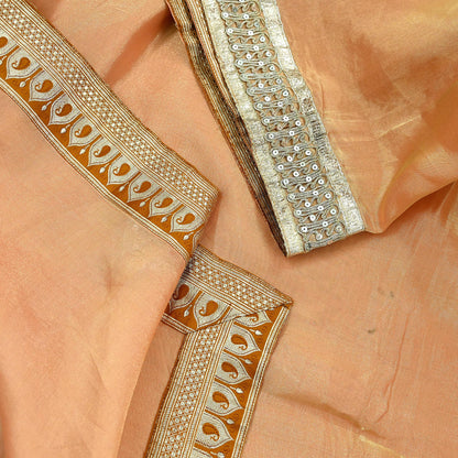 Indian Vintage Golden Peach Heavy Saree Hand Embroidered Designer Tissue Silk Sari Fabric 6Yd Ethnic Floral Zari Brocade border