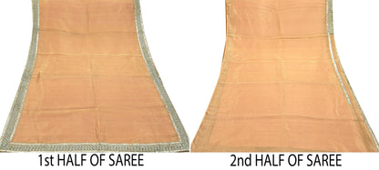 Indian Vintage Golden Peach Heavy Saree Hand Embroidered Designer Tissue Silk Sari Fabric 6Yd Ethnic Floral Zari Brocade border