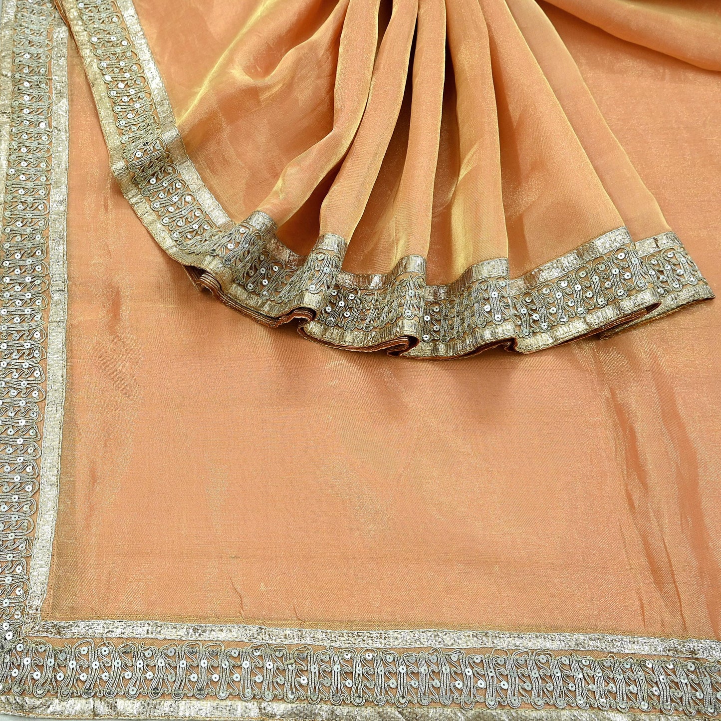 Indian Vintage Golden Peach Heavy Saree Hand Embroidered Designer Tissue Silk Sari Fabric 6Yd Ethnic Floral Zari Brocade border