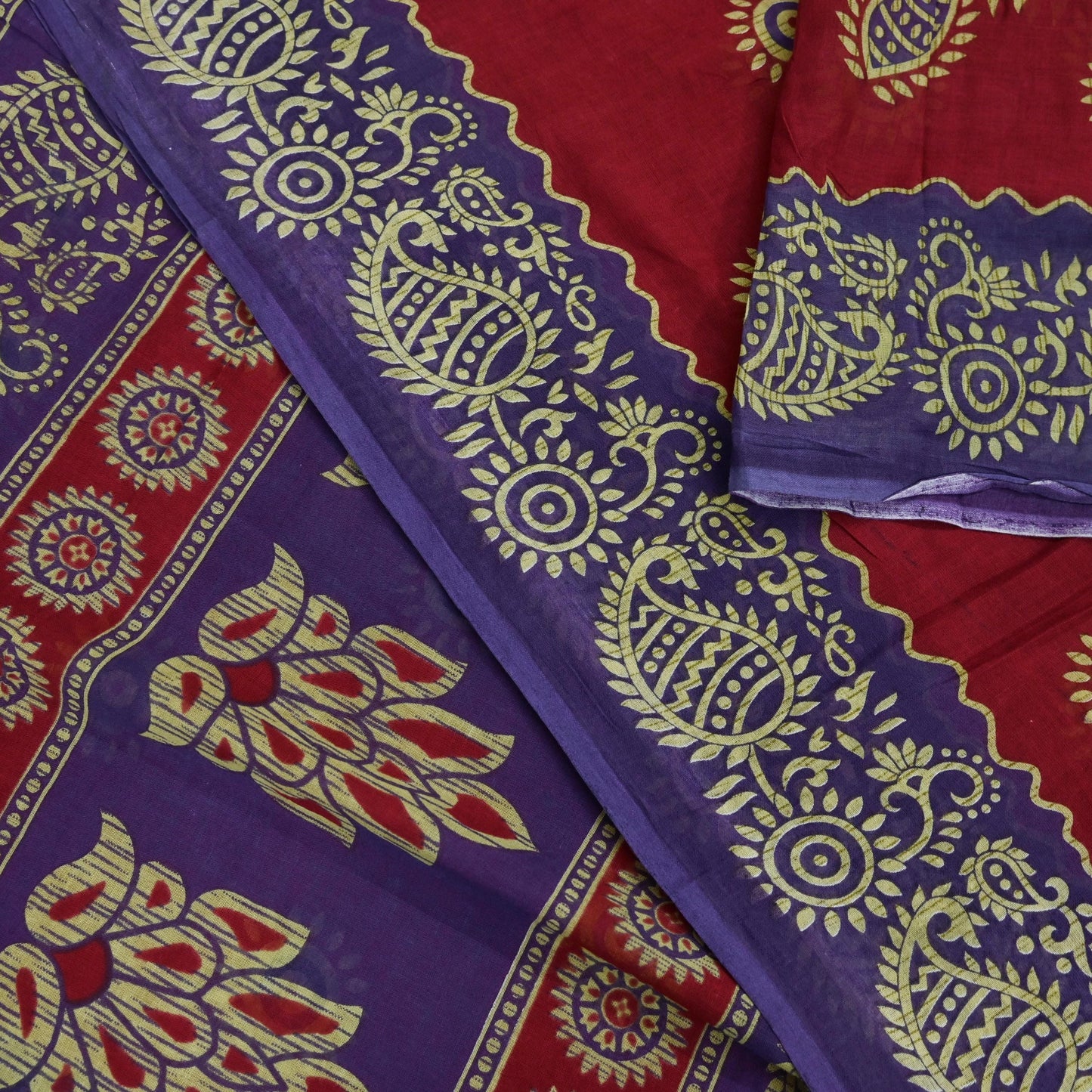 Indian Vintage Sari Purple & Red Block Printed Pure Cotton Saree Craft Fabric 5Yd Sewing Sarong Wrap Boho Floral Crafting Upcycle Quilting