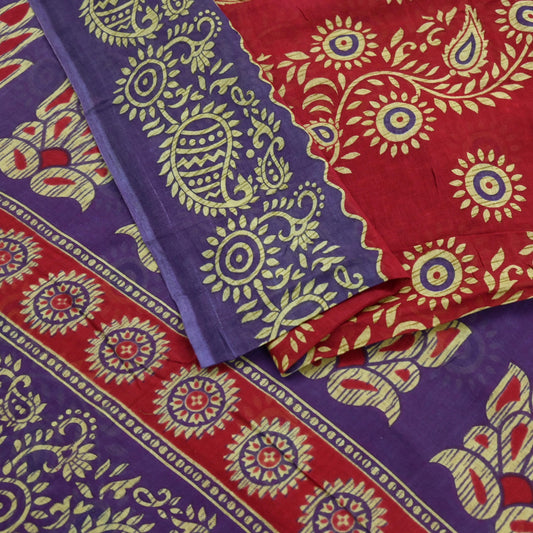 Indian Vintage Sari Purple & Red Block Printed Pure Cotton Saree Craft Fabric 5Yd Sewing Sarong Wrap Boho Floral Crafting Upcycle Quilting