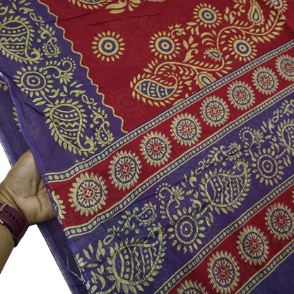 Indian Vintage Sari Purple & Red Block Printed Pure Cotton Saree Craft Fabric 5Yd Sewing Sarong Wrap Boho Floral Crafting Upcycle Quilting