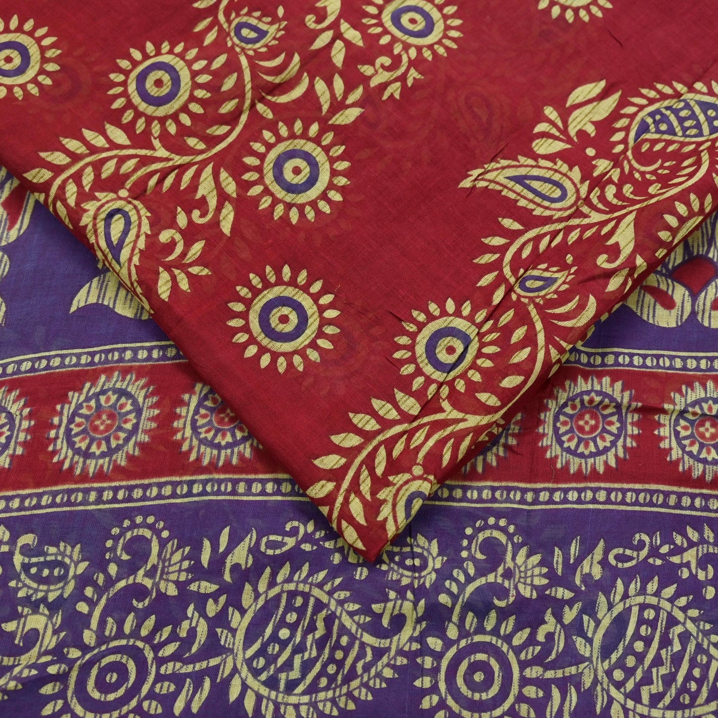 Indian Vintage Sari Purple & Red Block Printed Pure Cotton Saree Craft Fabric 5Yd Sewing Sarong Wrap Boho Floral Crafting Upcycle Quilting