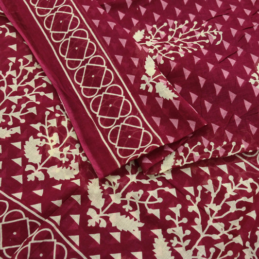 Indian Vintage Sari Ivory & Maroon Printed Pure Cotton Saree Fabric Soft Floral 5Yd Sarong Wrap Boho Fabric Kimono Soft