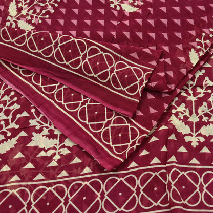Indian Vintage Sari Ivory & Maroon Printed Pure Cotton Saree Fabric Soft Floral 5Yd Sarong Wrap Boho Fabric Kimono Soft