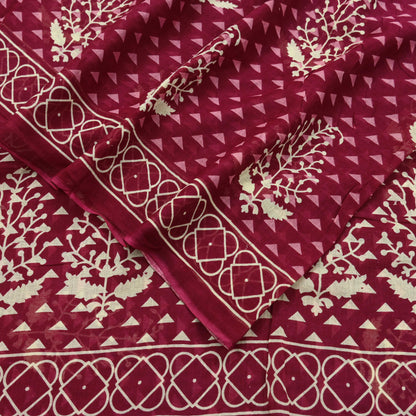 Indian Vintage Sari Ivory & Maroon Printed Pure Cotton Saree Fabric Soft Floral 5Yd Sarong Wrap Boho Fabric Kimono Soft