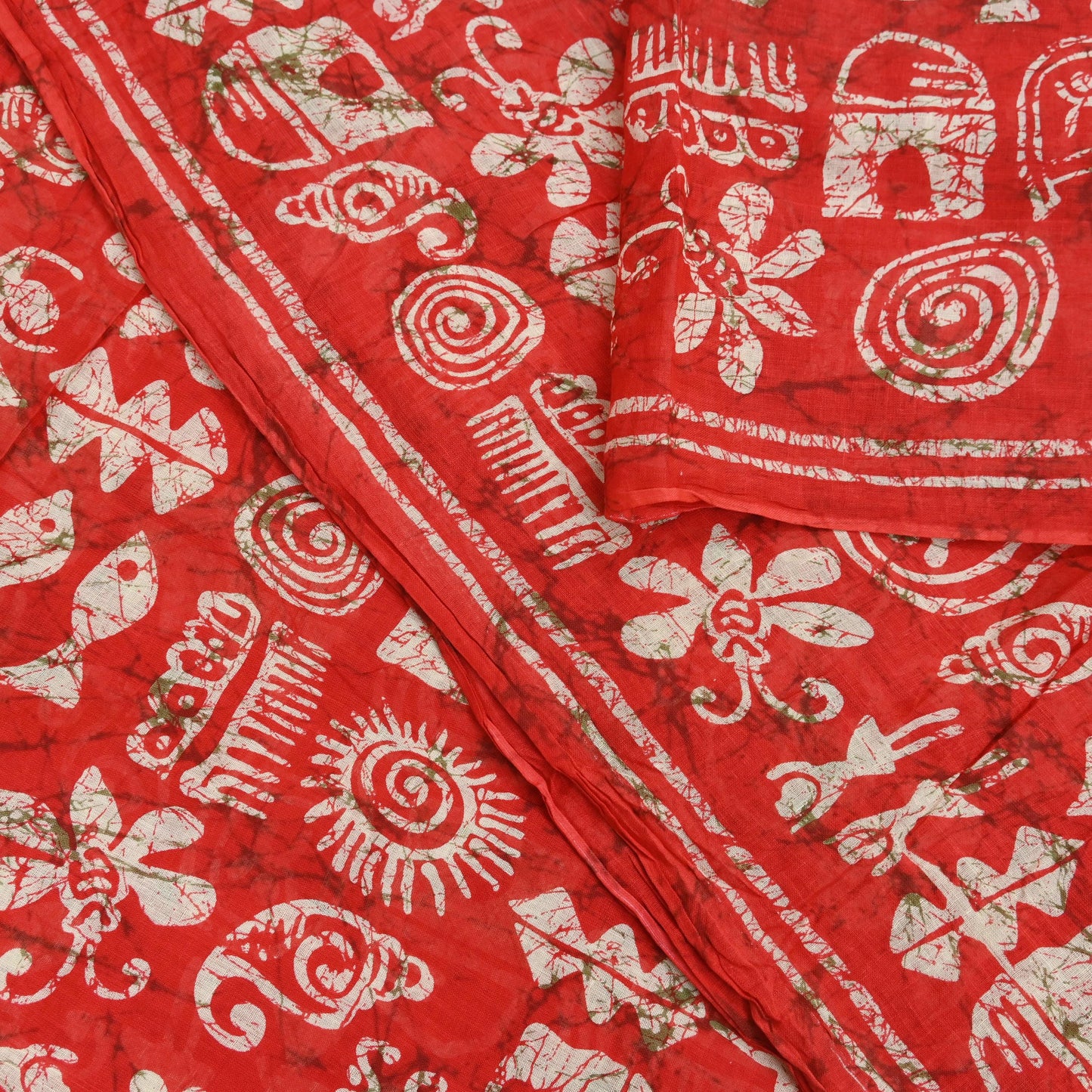 Indian Vintage Sari Red & Beige Batik Warli Printed Saree 100% Pure Cotton 5Yd Craft Fabric Soft Sewing Sarong Wrap Quilting Dress Making