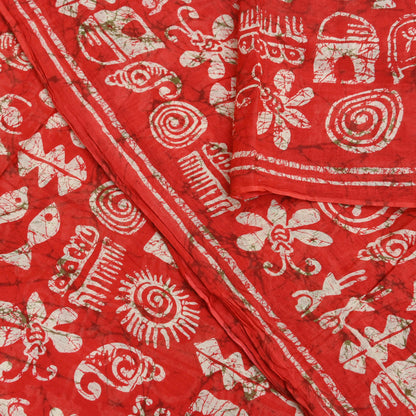 Indian Vintage Sari Red & Beige Batik Warli Printed Saree 100% Pure Cotton 5Yd Craft Fabric Soft Sewing Sarong Wrap Quilting Dress Making