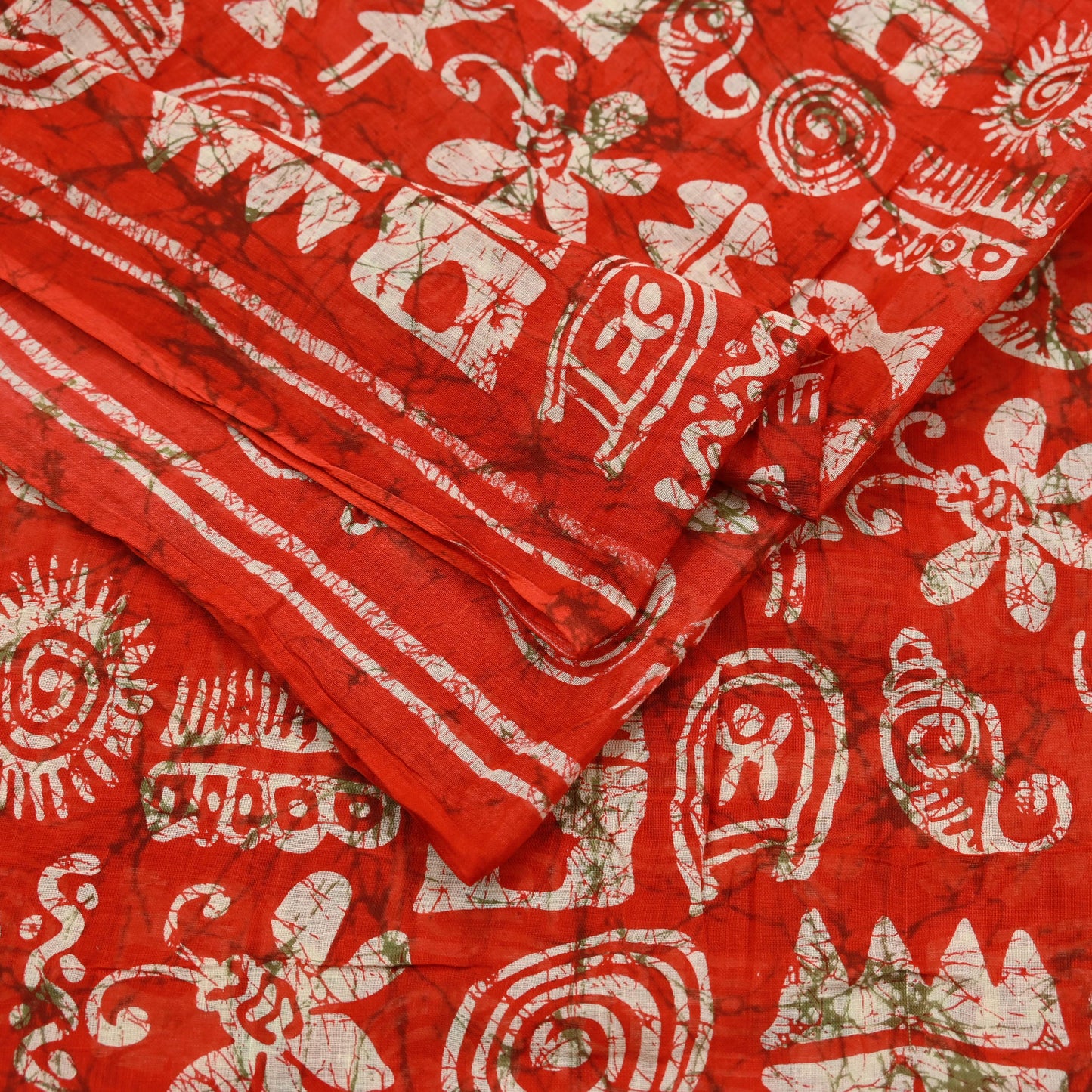 Indian Vintage Sari Red & Beige Batik Warli Printed Saree 100% Pure Cotton 5Yd Craft Fabric Soft Sewing Sarong Wrap Quilting Dress Making