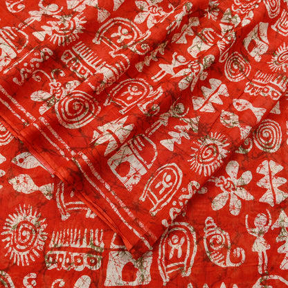 Indian Vintage Sari Red & Beige Batik Warli Printed Saree 100% Pure Cotton 5Yd Craft Fabric Soft Sewing Sarong Wrap Quilting Dress Making
