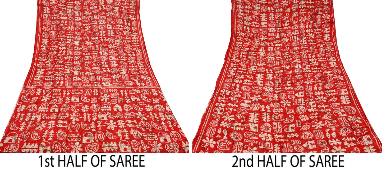 Indian Vintage Sari Red & Beige Batik Warli Printed Saree 100% Pure Cotton 5Yd Craft Fabric Soft Sewing Sarong Wrap Quilting Dress Making
