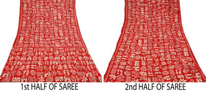 Indian Vintage Sari Red & Beige Batik Warli Printed Saree 100% Pure Cotton 5Yd Craft Fabric Soft Sewing Sarong Wrap Quilting Dress Making