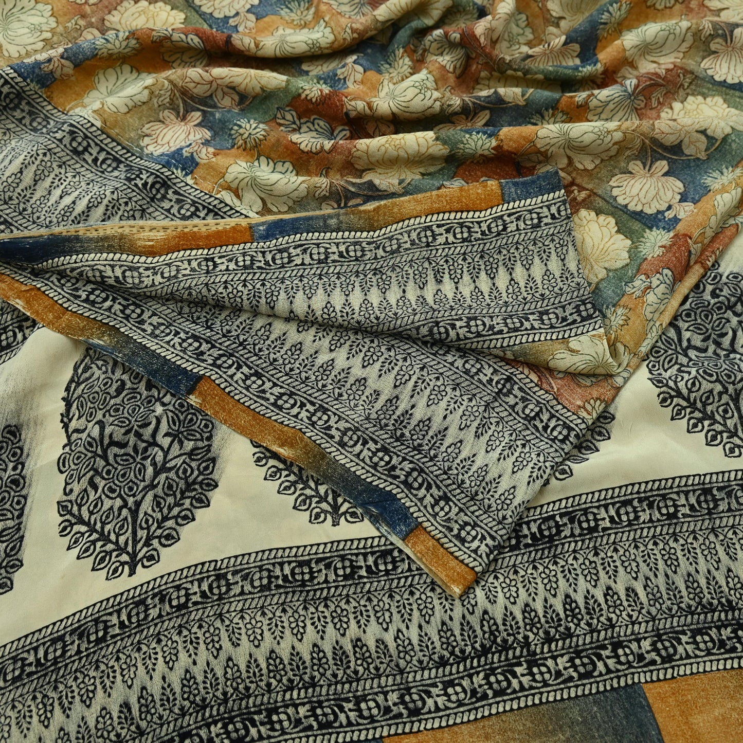 Indian Vintage Sari Multi Pure Crepe Silk Block Printed Saree 5yd Sewing Floral Soft Craft Fabric Wrap Dress making Crafting Quilting