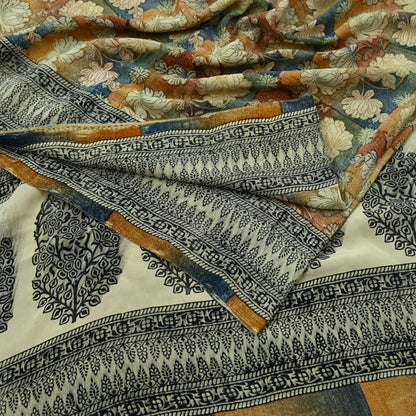 Indian Vintage Sari Multi Pure Crepe Silk Block Printed Saree 5yd Sewing Floral Soft Craft Fabric Wrap Dress making Crafting Quilting