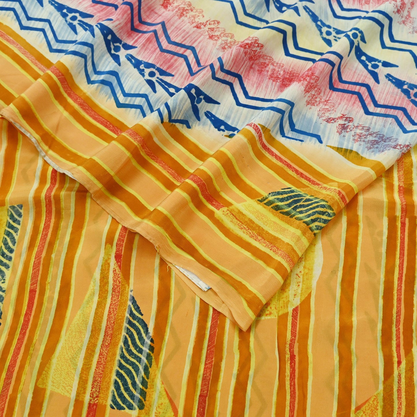 Indian Vintage Sari Yellow Pure Crepe Silk Block Printed Saree 5yard Sewing Floral Craft Fabric Wrap Dress Making Crafting Quilting Used