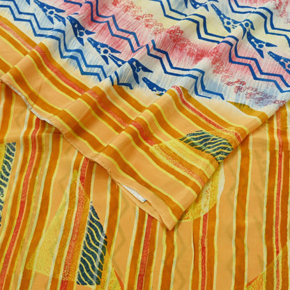 Indian Vintage Sari Yellow Pure Crepe Silk Block Printed Saree 5yard Sewing Floral Craft Fabric Wrap Dress Making Crafting Quilting Used