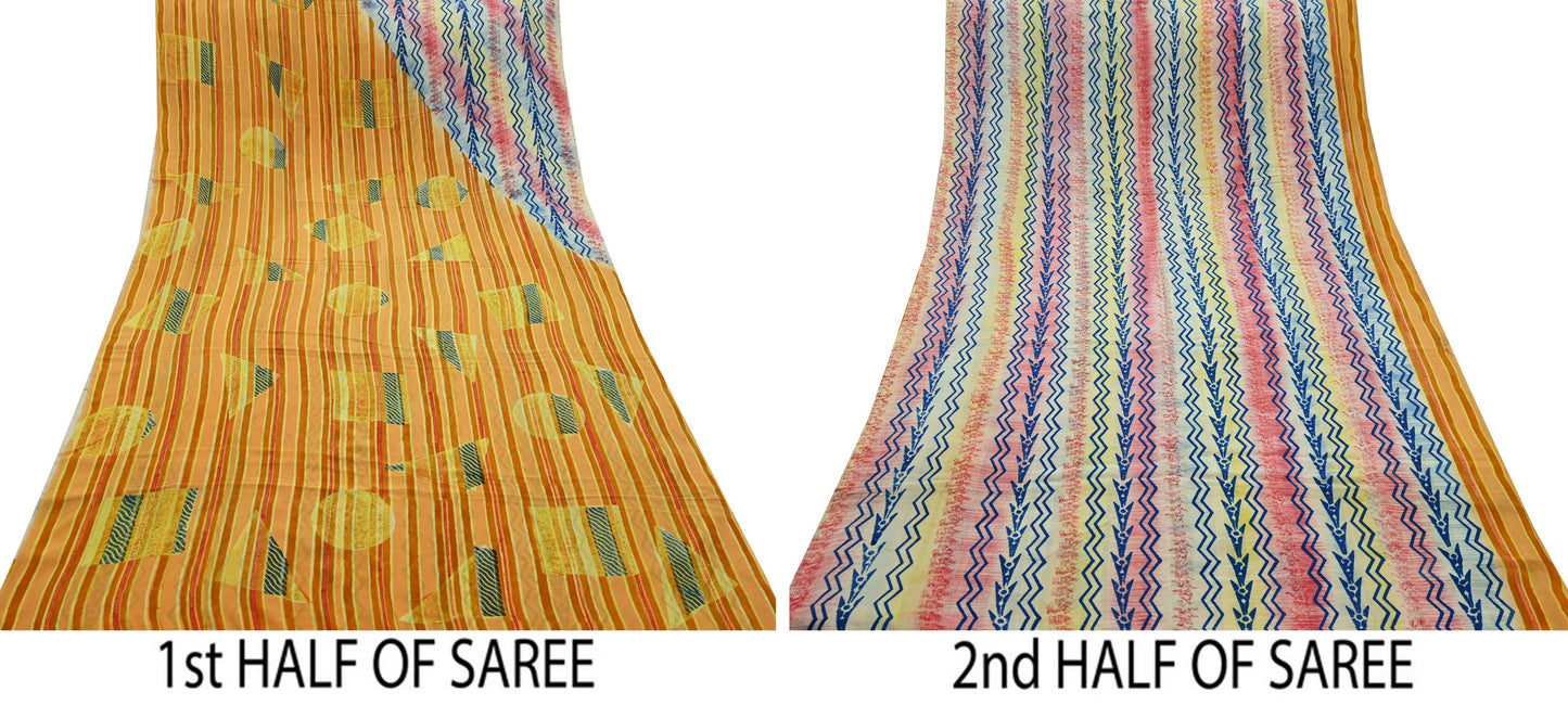 Indian Vintage Sari Yellow Pure Crepe Silk Block Printed Saree 5yard Sewing Floral Craft Fabric Wrap Dress Making Crafting Quilting Used